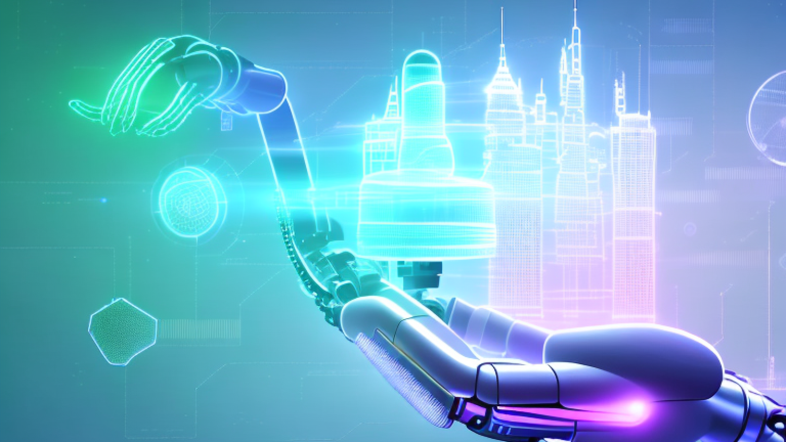 A futuristic cityscape with a robotic arm reaching out to a glowing data cloud