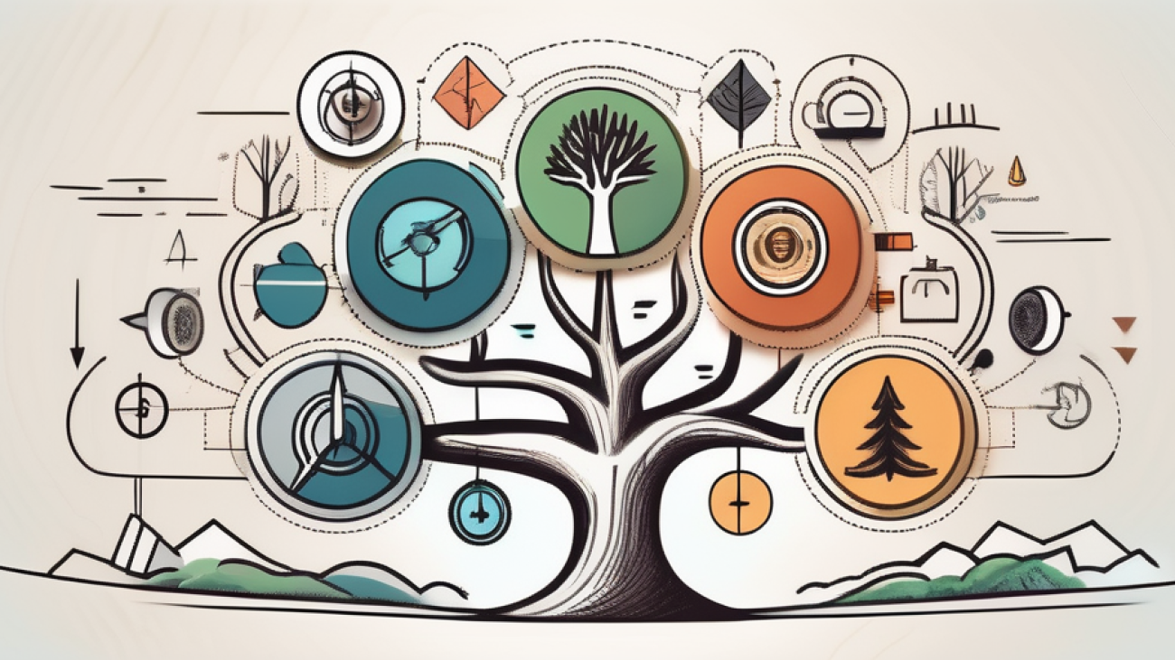 A robust tree with various symbols of different industries hanging from its branches